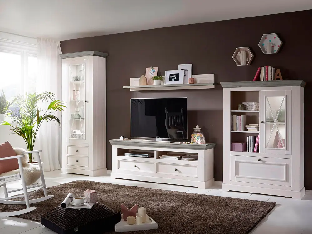 Тумба Форест под ТВ с 2-я ящиками белый воск/серый