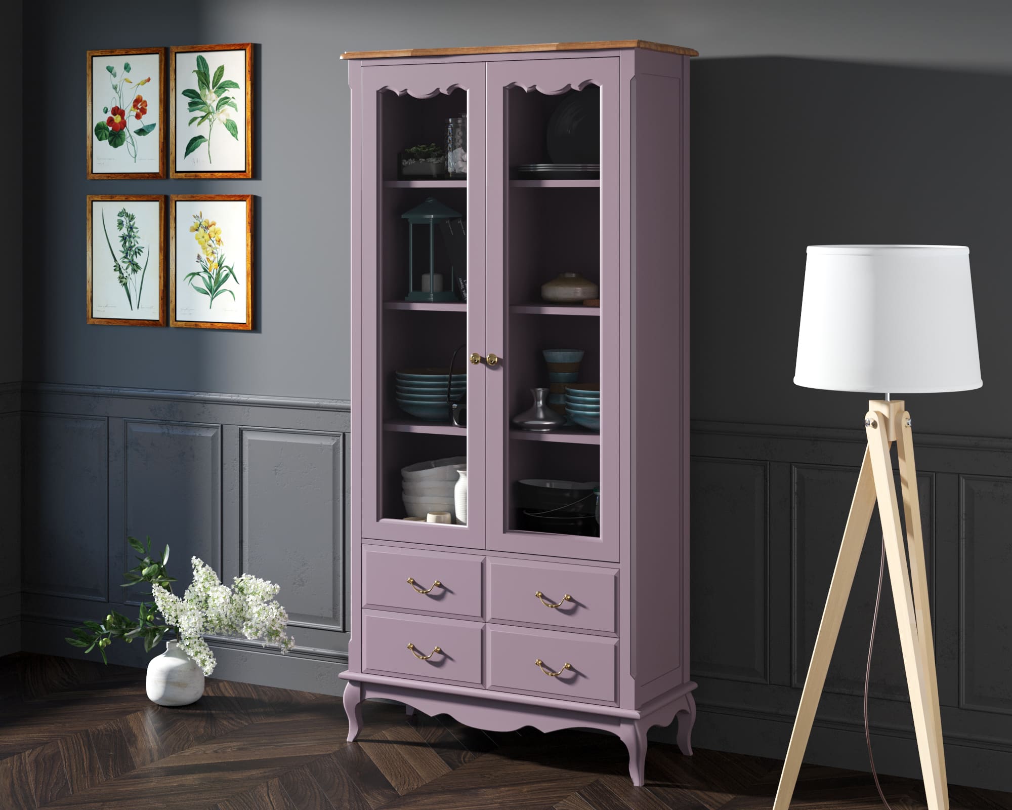 Шкаф Leontina Lavanda для посуды высокий 4 ящика  арт ST9355/4L