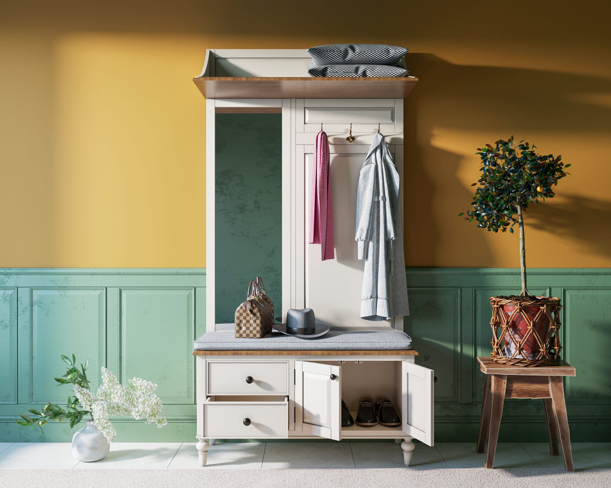 Белая прихожая с 2 ящиками "Odri" с полкой в стиле прованс