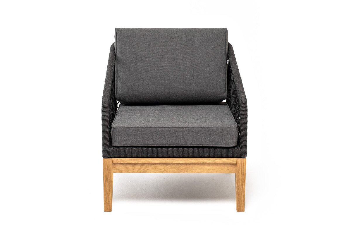 "Каннизо" кресло плетеное из роупа (узелки), основание дуб, роуп темно-серый круглый, ткань серая