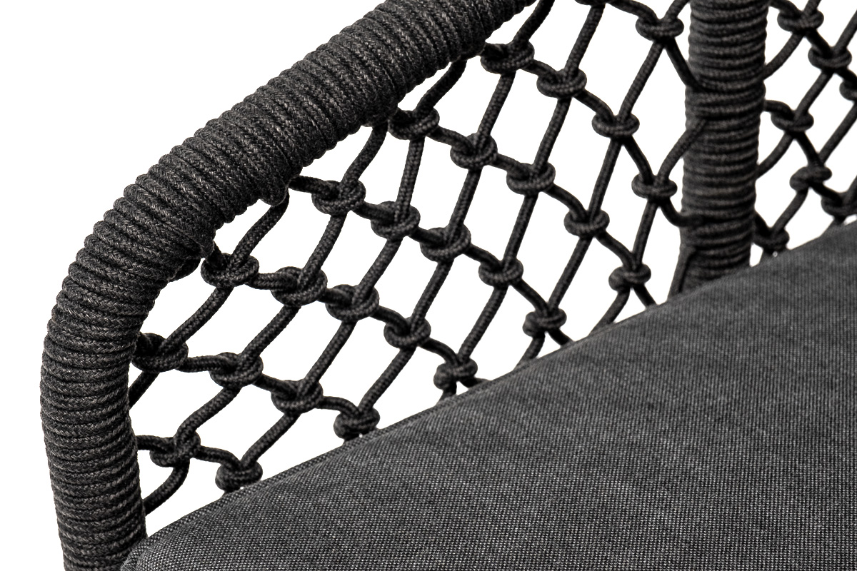 "Каннизо" кресло плетеное из роупа (узелки), основание дуб, роуп темно-серый круглый, ткань серая